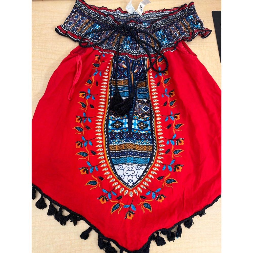 Midnight Sky Red Dashiki Print Smocked Off Shoulder Tassel Fringe Boho Top Small